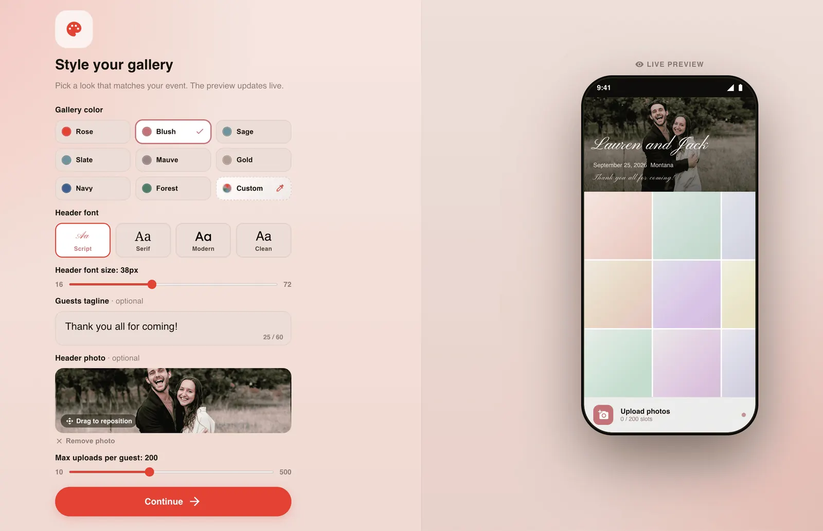 Capture de l’étape 2 de confettipix : personnaliser les couleurs, la police et la photo de la galerie